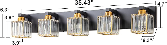 Crystal Black Gold Bathroom Vanity Light, 5-Lights Bathroom Lighting Fixtures Over Mirror Modern Glam Crystal Wall Lighting with Square Shade
