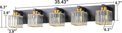 Crystal Black Gold Bathroom Vanity Light, 5-Lights Bathroom Lighting Fixtures Over Mirror Modern Glam Crystal Wall Lighting with Square Shade