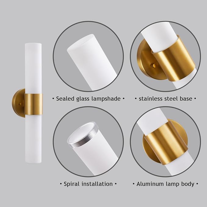 18 Inch Modern Gold Vanity Wall Sconce with Frosted Glass Shades | Mirror for Bathroom Bedroom Living Room Hallway Decor