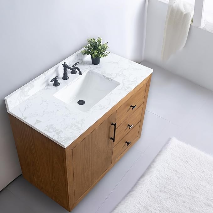 Vanity Art 42" Bathroom Vanity with Sink,Solid Poplar Wood, Vanity Cabinet with Doors and Shelf, Modern Wood Bathroom Vanity with White Marble Top, 2 Right Functioning Shaker Drawer, VA70-42-T-E