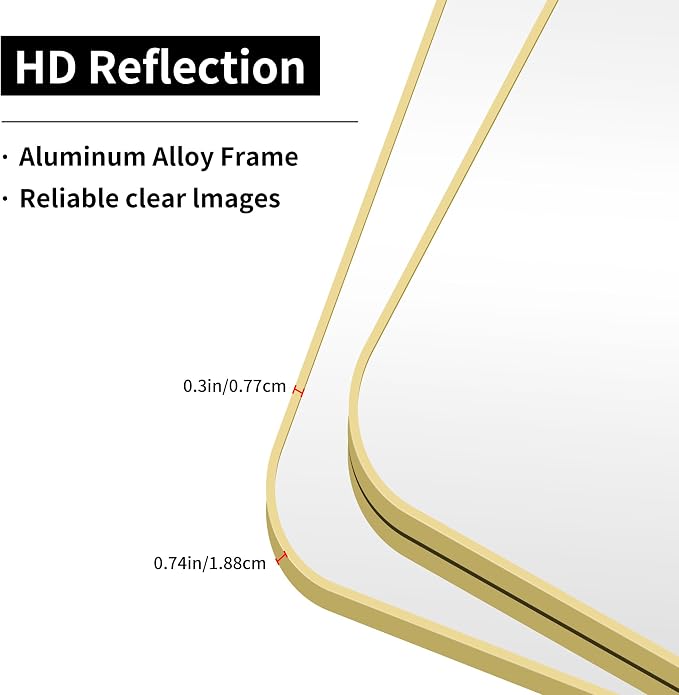 30"x60" Gold Bathroom Mirror, Large Rectangle Wall Mounted Mirror with Rounded Corner, Aluminum Metal Frame Vanity Mirror for Bathroom Bedroom Living Room