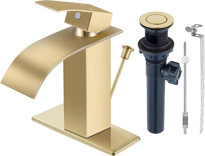 Brush Gold Bathroom Faucet with Waterfall Spout and Lift Rod Drain | SUS 304 Stainless Steel, Single Handle, 1 Or 3 Hole Sink, RV Vanity, Deck Plate, Supply Hoses, NSF372 NSF61 cUPC
