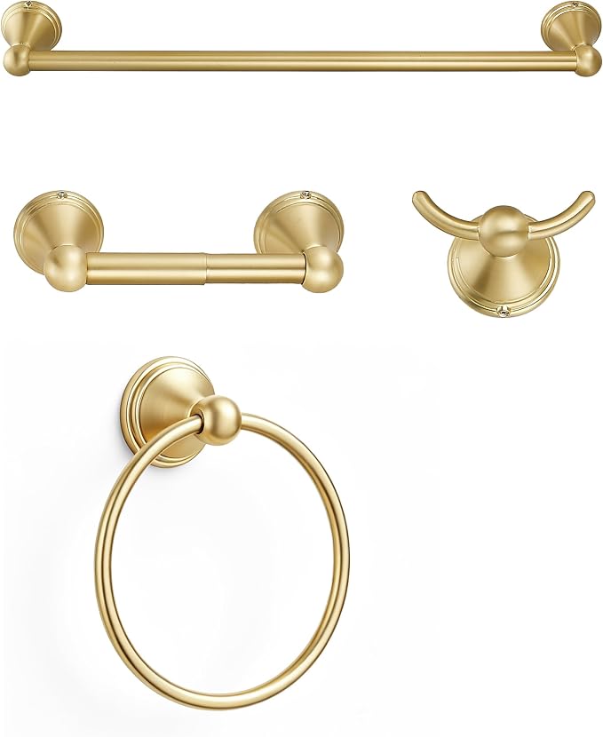 4-Piece Bathroom Hardware Accessories Kit, Zynuhmo Brushed Gold Towel Bar Set Wall Mounted with 20'' Towel Bar, Towel Ring & Toilet Paper Holder, Robe Hook Set Fixtures for Modern Farmhouse Bathroom