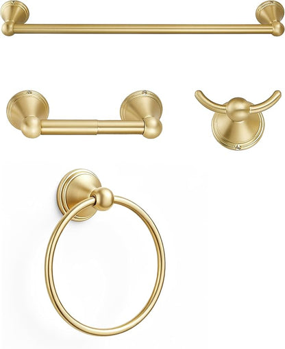 4-Piece Bathroom Hardware Accessories Kit, Zynuhmo Brushed Gold Towel Bar Set Wall Mounted with 20'' Towel Bar, Towel Ring & Toilet Paper Holder, Robe Hook Set Fixtures for Modern Farmhouse Bathroom