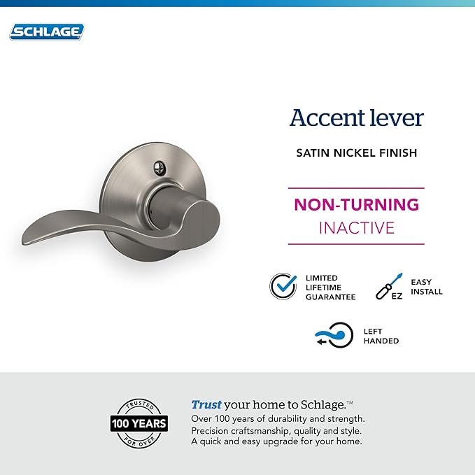 Schlage F170 ACC 619 LH Left Handed Accent Door Lever, One Sided Non-Turning Dummy Door Handle, Satin Nickel