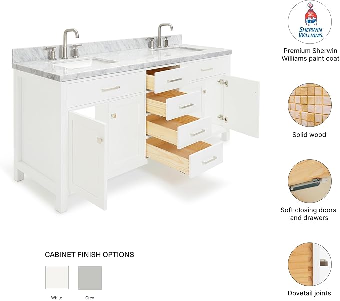 Alenza 72 Inch Bathroom Vanity Double Sink — White Bathroom Vanity with Sink, 1.5" Edge Italian Carrara Marble Countertop & Backsplash, 4 Soft-Close Doors, 4 Dovetail Drawers