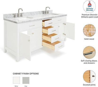 Alenza 72 Inch Bathroom Vanity Double Sink — White Bathroom Vanity with Sink, 1.5" Edge Italian Carrara Marble Countertop & Backsplash, 4 Soft-Close Doors, 4 Dovetail Drawers