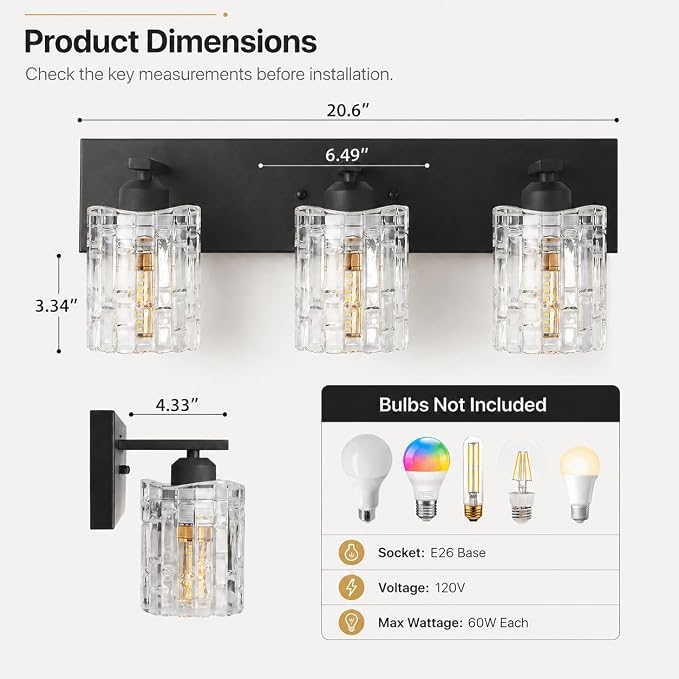 3 Lights Matte Black Crystal Bathroom Vanity Light,Modern Bathroom Wall Light,Crystal Over Mirror Light Fixtures for Living Room, Bedroom, Hallway