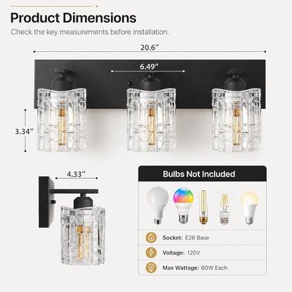 3 Lights Matte Black Crystal Bathroom Vanity Light,Modern Bathroom Wall Light,Crystal Over Mirror Light Fixtures for Living Room, Bedroom, Hallway