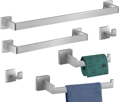 6-Pieces Bathroom Hardware Set Brushed Nickel Bathroom Accessories Set SUS304 Towel Bar Set Includes Towel Bar 24&16 Inch+Towel Holder+Toilet Paper Holder+2 Towel Hooks (6, Brushed Nickel, 24 Inch)
