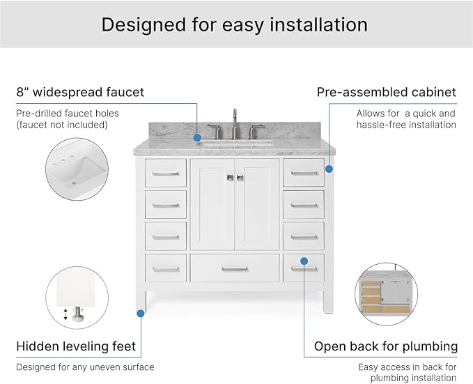 ARIEL Cambridge 42-inch Bathroom Vanity with Sink,Solid Wood, 1.5-inch Italian Carrara Marble Countertop, Single Rectangular Porcelain Sink, 2 Soft Closing Doors, 9 Dovetail Drawers, White