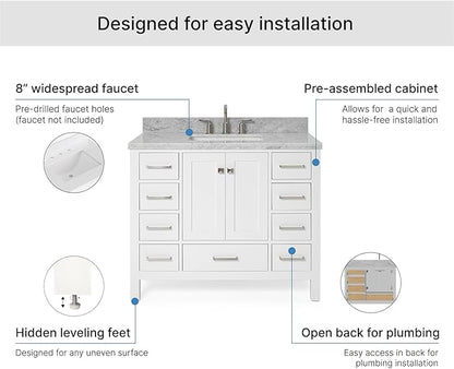 ARIEL Cambridge 42-inch Bathroom Vanity with Sink,Solid Wood, 1.5-inch Italian Carrara Marble Countertop, Single Rectangular Porcelain Sink, 2 Soft Closing Doors, 9 Dovetail Drawers, White