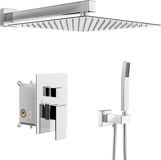 Lordear 10 Inch Shower Head Faucet Wall Mounted Chrome Polished Rainfall Shower System Set Stainless Steel Showerhead with Handheld Combo, Brass Valve Included
