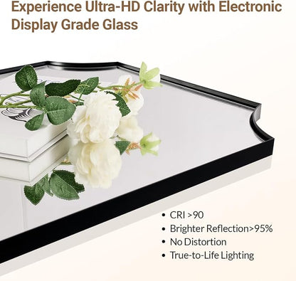 20"x30" Bathroom Mirror, Matte Black Vanity Mirror, Scalloped Rectangle Mirror in Premium Stainless Steel Frame, Scalloped Corners Design, Compact Size Ideal for Small Bathroom Remodel