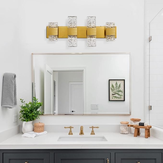 Gold Bathroom Vanity Light Fixtures - Brushed Gold Vanity Light Bathroom Lighting Fixtures Over Mirror 40W Dimmable Crystal Wall sconces 4 Light LED Modern Bathrooms Lights 4000K