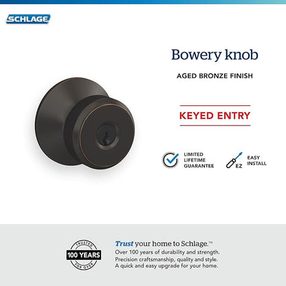 SCHLAGE F51A BWE 716 Bowery Knob Keyed Entry Lock, Aged Bronze