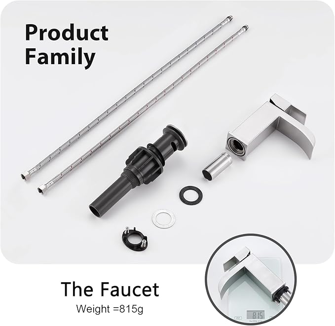 Faustina Brushed Nickel Waterfall Bathroom Faucet, Single Handle Wide Spout Stainless Steel Vanity Sink Faucet with Pop Up Drain & Deck Plate for 1 or 3 Hole