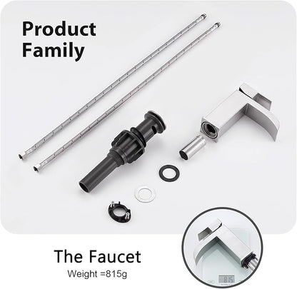 Faustina Brushed Nickel Waterfall Bathroom Faucet, Single Handle Wide Spout Stainless Steel Vanity Sink Faucet with Pop Up Drain & Deck Plate for 1 or 3 Hole