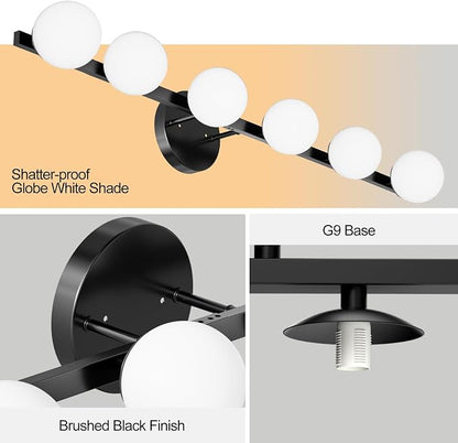 Lightdot 6 Light Bathroom Vanity Light, 38" Modern Black Vanity Lights with Globe Water/Shatterproof PC Lampshade, Rust-Proof Bathroom Light Fixtures Over Mirror for Kitchen Hallway Cabinet Porch