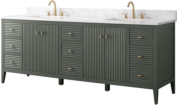 HOMEBEYOND 84" Bathroom Vanity with Double Sink & Engineered Marble Top, Solid Wood Frame, Linear Pattern & Soft Close Door | Golden Brushed Handware,Vintage Green