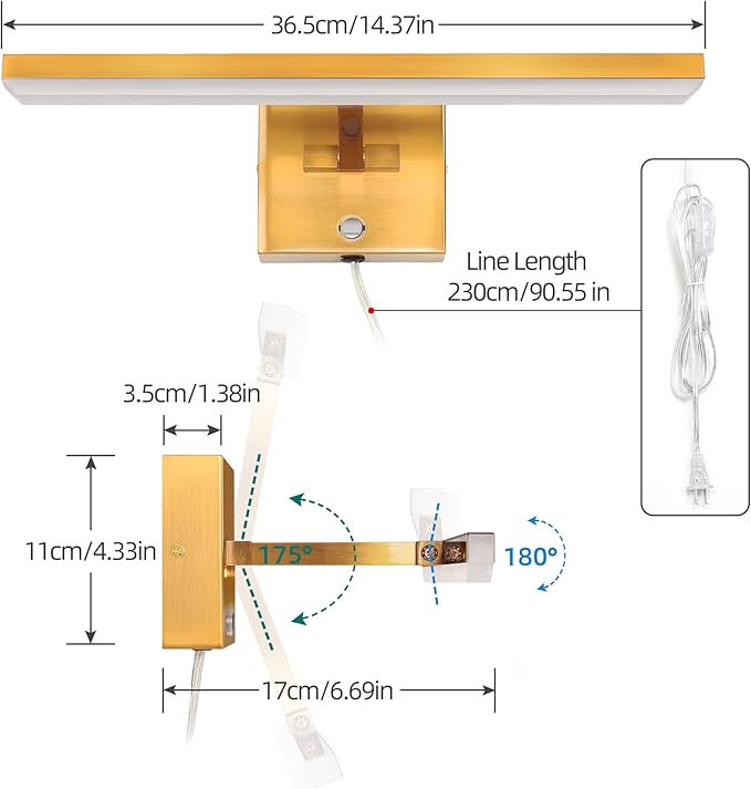 MantoLite Bathroom Lighting Fixtures Over Mirror,Plug in LED Picture Lights for Wall Dimmable Bathroom Vanity Light 15inch Cabinet Wall Sconces with Ajustable Arm Bedside Reading Lamp,Brass,6000K 8W
