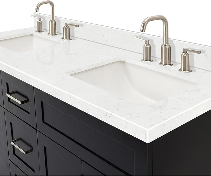 ARIEL Hamlet 60-inch Bathroom Vanity with Sink,Solid Wood, 1.5-inch Carrara White Quartz Countertop & Backsplash, Double Rectangular Porcelain Sink, 4 Soft Closing Doors, 3 Dovetail Drawers, Black