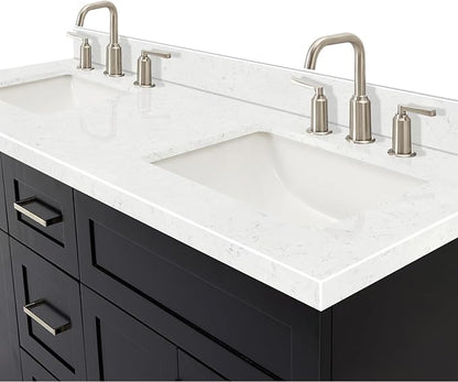 ARIEL Hamlet 60-inch Bathroom Vanity with Sink,Solid Wood, 1.5-inch Carrara White Quartz Countertop & Backsplash, Double Rectangular Porcelain Sink, 4 Soft Closing Doors, 3 Dovetail Drawers, Black