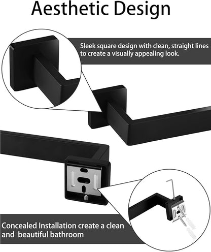 10-Piece Matte Black Bathroom Hardware Set, 16" Towel Bar Set, Modern Square Bathroom Accessories Kit with 2 Toilet Paper Holders, 2 Towel Rings, 4 Robe Hooks Bathroom Accessories