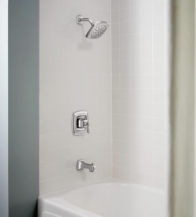 Moen Conway Chrome Posi-Temp Shower Trim Set Featuring Square Showerhead, Lever Handle, and Tub Spout, Valve Included, 82922