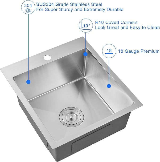 15"x17" Drop-In Single Bowl Bar Sink 304 Stainless Steel | 15"x17" Drop-in Sink | 304 SS | Topmount | Single Bowl | Single Faucet Hole | 8" Deep Basin | Brushed | Bar/Coffee Station