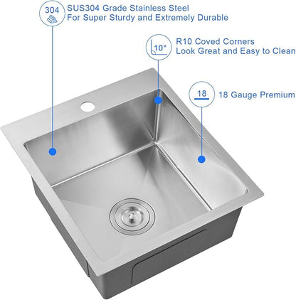 15"x17" Drop-In Single Bowl Bar Sink 304 Stainless Steel | 15"x17" Drop-in Sink | 304 SS | Topmount | Single Bowl | Single Faucet Hole | 8" Deep Basin | Brushed | Bar/Coffee Station