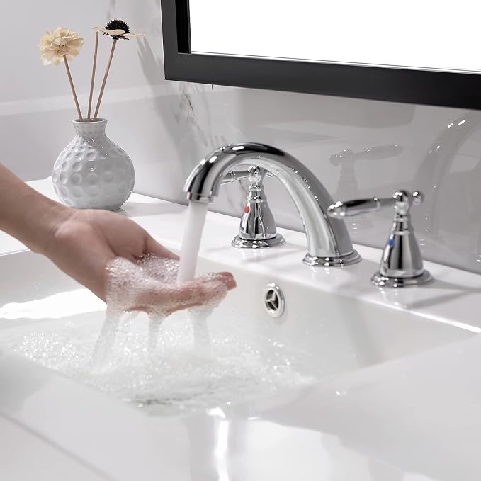 Chrome 8 Inch 3 Hole Widespread Bathroom Faucet with Metal Pop Up Drain, Lesd Free Bathroom Sink Lavatory Faucet, WF008-4-C