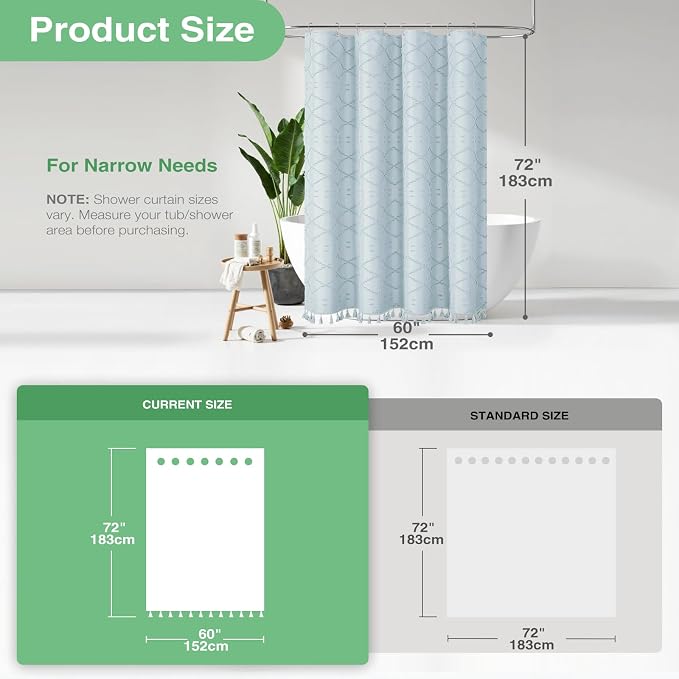 Stall Boho Shower Curtain Tufted Geometric 60"x72" Fog Blue | 60 Inch Wide, Elegant Tassel, Lightweight Textured Fabric, Water Repellent, Washable, for Narrow Bathroom/Dorm 10 Hooks