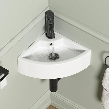 Wall Mount Corner Bathroom Sink, QISHKA 13" X 13" Triangle Floating Ceramic Wash Hand Basin Small White Wall Mount Vanity Sink with Single Faucet Hole and Overflow
