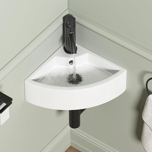 Wall Mount Corner Bathroom Sink, QISHKA 13" X 13" Triangle Floating Ceramic Wash Hand Basin Small White Wall Mount Vanity Sink with Single Faucet Hole and Overflow