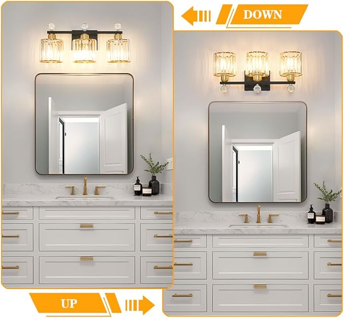 Black and Gold Bathroom Vanity Light, 3-Lights Crystal Vanity Lights for Bath, Modern Bathroom Light Fixture Over Mirror, Wall Mount Lights with Clear Crystal Glass for Bedroom Living Room