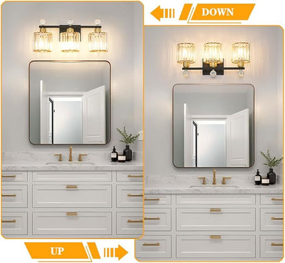 Black and Gold Bathroom Vanity Light, 3-Lights Crystal Vanity Lights for Bath, Modern Bathroom Light Fixture Over Mirror, Wall Mount Lights with Clear Crystal Glass for Bedroom Living Room