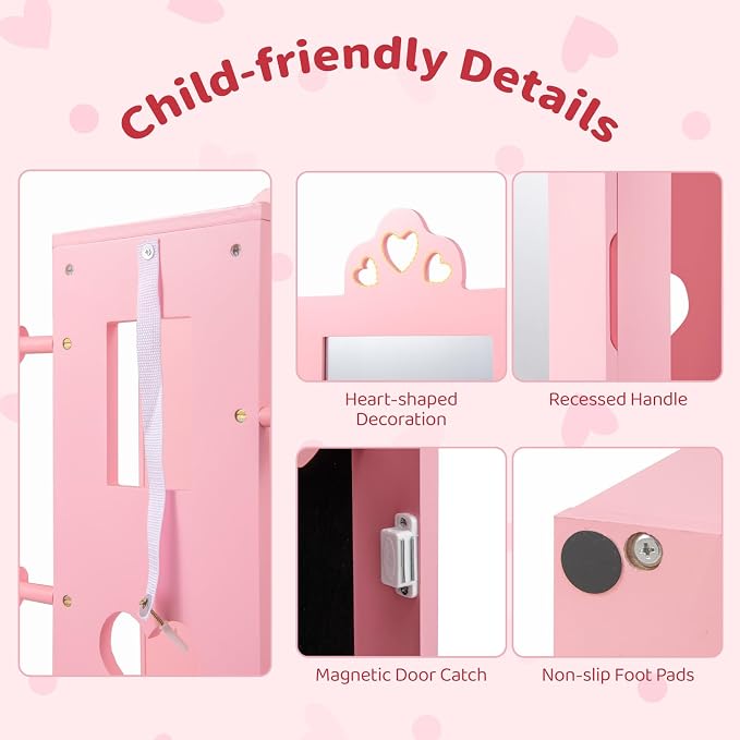 CHARMAID Kids Jewelry Cabinet Armoire, 47" Full Length Mirror, Coat Rack, Back Storage Shelves, Standing Vanity Dressing Mirror for Girls, Kids Jewelry Organizer (Pink)