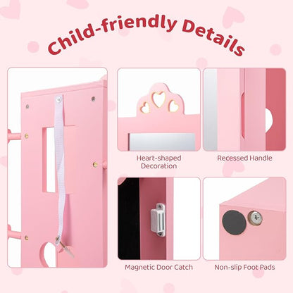 CHARMAID Kids Jewelry Cabinet Armoire, 47" Full Length Mirror, Coat Rack, Back Storage Shelves, Standing Vanity Dressing Mirror for Girls, Kids Jewelry Organizer (Pink)