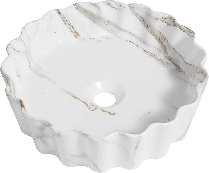 JONATHAN Y SNK1005C 15" Round Bathroom Vessel Sink, Art Deco Scallop Above Counter Vanity Sink, White Marble Finish Ceramic Basin for Modern Powder Room and Lavatory
