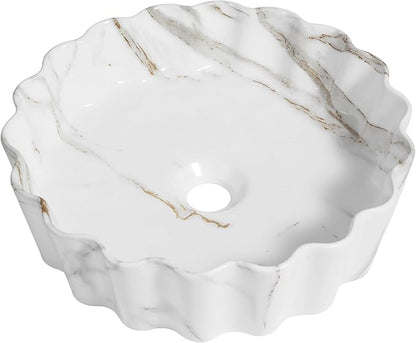 JONATHAN Y SNK1005C 15" Round Bathroom Vessel Sink, Art Deco Scallop Above Counter Vanity Sink, White Marble Finish Ceramic Basin for Modern Powder Room and Lavatory
