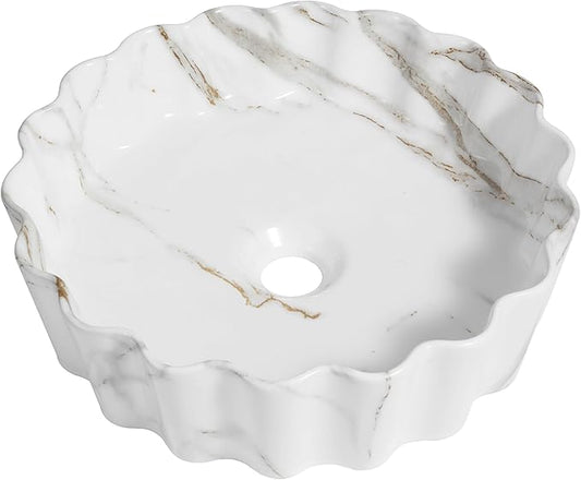 JONATHAN Y SNK1005C 15" Round Bathroom Vessel Sink, Art Deco Scallop Above Counter Vanity Sink, White Marble Finish Ceramic Basin for Modern Powder Room and Lavatory