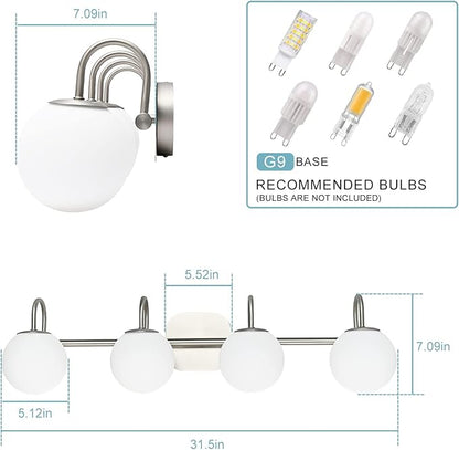 Mid Century Modern Brushed Nickel Bathroom Vanity Light Fixtures 4 Lights Milky Glass Wall Lighting Bath Vanity Lights Over Mirror (Exclude G9 Bulb)