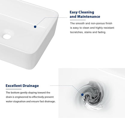 Sarlai Vessel Sink Rectangular - 19"x15" White Bathroom Sink Rectangle Above Counter Porcelain Ceramic Bathroom Vessel Vanity Sink Art Basin