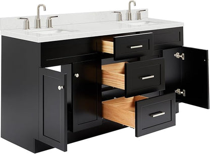 DKB Bradford 66-Inch Black Double Bathroom Vanity, 1.5" Edge Carrara Quartz Countertop & Backsplash, Rectangular Undermount Sinks, Soft Closing Doors & Drawers, Toe Kick, Brushed Nickel Hardware