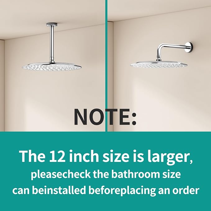 All Metal Rain Shower Head - Heavy Duty Stainless Steel, Easy Install, High Water Flow, Ultra-Thin Modern Design for Bathroom (Chrome, 12)