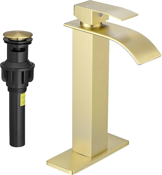 Fransiton Tall Vessel Sink Faucet Brushed Gold Faucet for Bathroom Sink Tall Waterfall Bathroom Faucet Single Handle 1 or 3 Hole Wash with Pop-up Drain