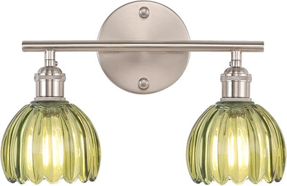 Bathroom Light Fixtures, 2-Light Vanity wall Light Over Mirror with Green Tulip Glass Shade for Bedroom Living Room (Bulb Not Included), Satin Nickel