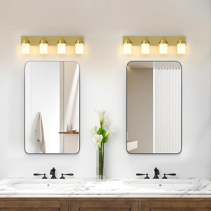 IZORRO Bathroom Vanity Light Fixture, 4-Light 30 Inch Gold Bathroom Light Fixtures Over Mirror, with White Glass Shade, Modern Farmhouse Vanity Lights, Rustic Restroom Lighting Fixtures