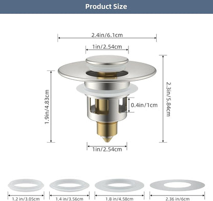 Hibbent All Metal Universal Bathroom Sink Stopper for 1.1''~2.3'' Basin, Pop Up Sink Drain Strainer, Brass Bullet Core Push Type Stopper, Stainless Steel Anti Clogging Drain Filter, Brushed Nickel